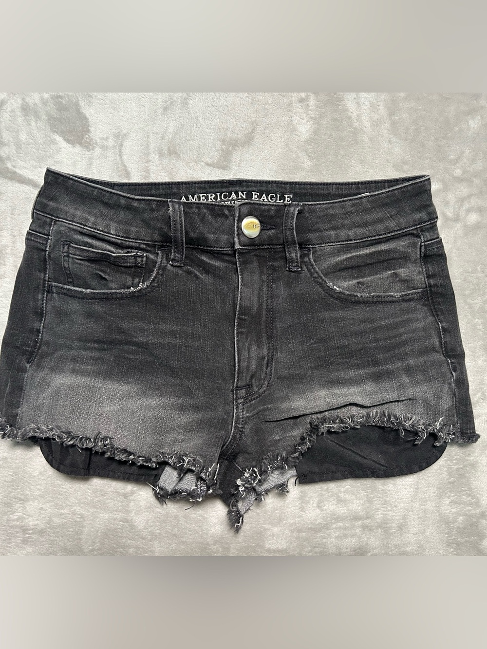 American Eagle Hi-Rise Shortie Denim Shorts Womens 6 Black Distressed Micro Mini